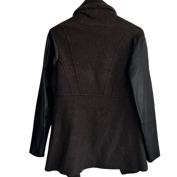 Eileen Fisher Wool Leather Jacket XS Brown Black Open Front Cardigan Capsule - Picture 2 of 6